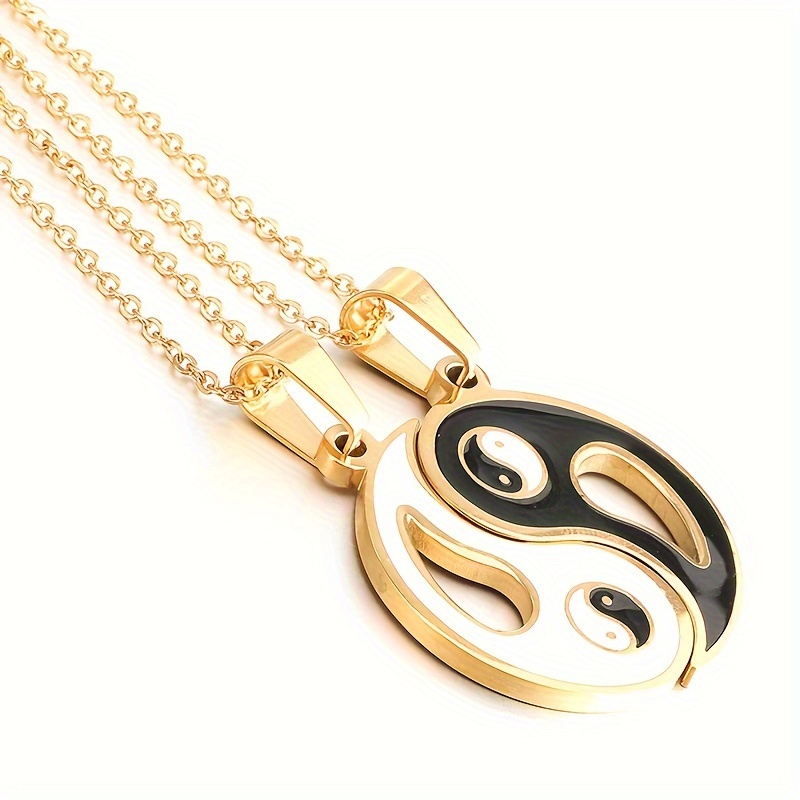 Yin Yang Puzzle Matching Pendant Necklace Couples Stainless Steel Enamel